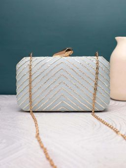 ARTKLIM - Blue Embroidered Fabric Clutch with Detachable Chain Strap
