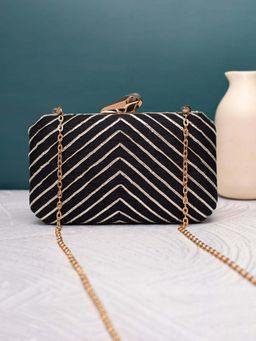 ARTKLIM - Black Embroidered Fabric Clutch with Detachable Chain Strap