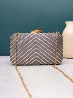 ARTKLIM - Grey Embroidered Fabric Clutch with Detachable Chain Strap