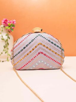 ARTKLIM - Pink Embroidered Fabric Clutch with Detachable Chain Strap