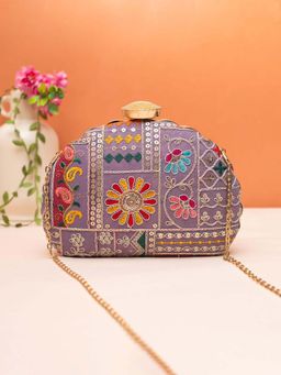 ARTKLIM - Purple Embroidered Fabric Clutch with Detachable Chain Strap