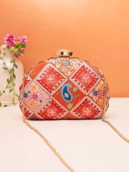 ARTKLIM - Red Embroidered Fabric Clutch with Detachable Chain Strap