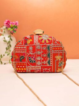 ARTKLIM - Red Embroidered Fabric Clutch with Detachable Chain Strap