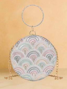 ESBEDA - Grey Embroidered Fabric Clutch with Detachable Chain Strap