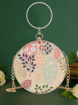 ESBEDA - Multi-Color Embroidered Fabric Clutch with Detachable Chain Strap