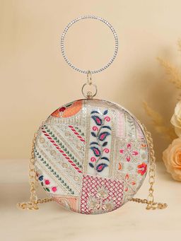 ESBEDA - Multi-Color Embroidered Fabric Clutch with Detachable Chain Strap