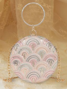 ESBEDA - Pink Embroidered Fabric Clutch with Detachable Chain Strap