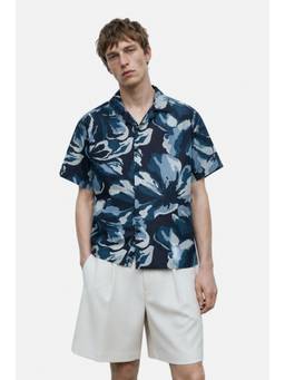 Snitch - Navy Blue Floral Half Sleeves Boxy Shirt for Men
