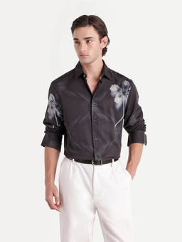 Rare Rabbit - Blet Men Black Floral Print Satin Shirt