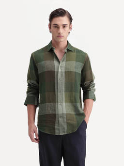 Rare Rabbit - Calum-A26 Men Green Checked Linen Blend Regular Fit Shirt