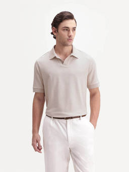 Rare Rabbit - Digi-A26 Men Pastel Beige Textured Johnny Collar Polo T-Shirt
