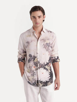 Rare Rabbit - Doms Men Light Beige Floral Print Viscose Casual Shirt