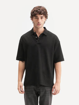 Rare Rabbit - Kenq Men Black Solid Spread Collar Polo T-Shirt