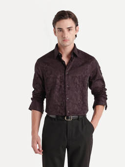 Rare Rabbit - Kit Brown Men Brown Jacquard Regular Fit Shirt