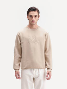 Rare Rabbit - Leko Men Light Beige Houndstooth Crew Neck Sweatshirt