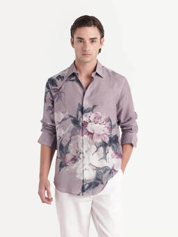 Rare Rabbit - Piro Men Light Purple Floral Print Linen Blend Shirt
