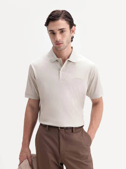 Rare Rabbit - Row-A26 Men Light Beige Solid Cotton Polo T-Shirt