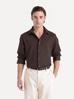 Rare Rabbit - Syra Men Brown Solid Jacquard Relaxed Fit Shirt
