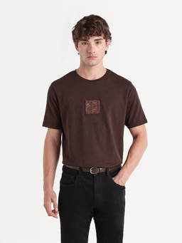 Rare Rabbit - Wood Men Dark Brown Solid Embroidered Crew Neck T-Shirt