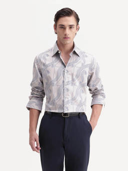 Rare Rabbit - Zeal Men Light Beige Jacquard Cotton Regular Shirt
