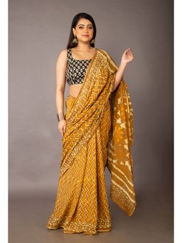 Unnati Silks - Mustard Yellow Pure Preet Dabu Mulmul Cotton Saree with Unstitched Blouse