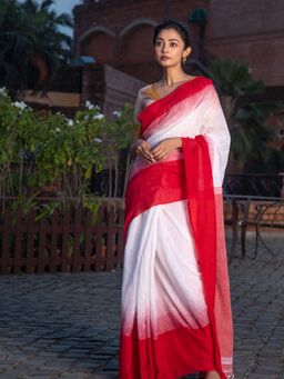 Beatitude - White Cotton Ikkat Design Saree With Unstitched Blouse