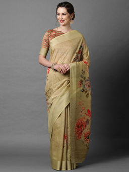 Akhilam - Beige Party Wear Cotton silk Printed Saree with Unstitched Blouse