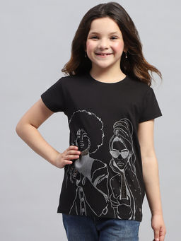 Monte Carlo - Girls Black Printed Round Neck Half Sleeve Top