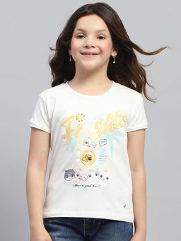 Monte Carlo - Girls Off White Printed Round Neck Half Sleeve Top