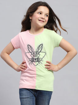 Monte Carlo - Girls Peach & Green Printed Round Neck Half Sleeve Top