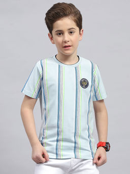 Monte Carlo - Boys Sky Blue Striped Round Neck Half Sleeve Regular Fit T-Shirt