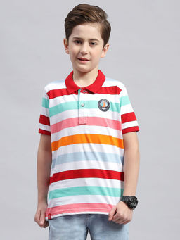 Monte Carlo - Boys White & Red Striped Polo Neck Half Sleeve Regular Fit T-Shirt