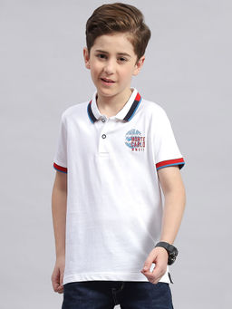 Monte Carlo - Boys White Printed Polo Neck Half Sleeve Regular Fit T-Shirt