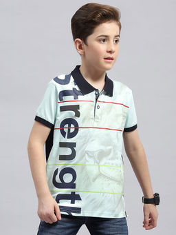 Monte Carlo - Boys Mint Blue Printed Polo Neck Half Sleeve Regular Fit T-Shirt