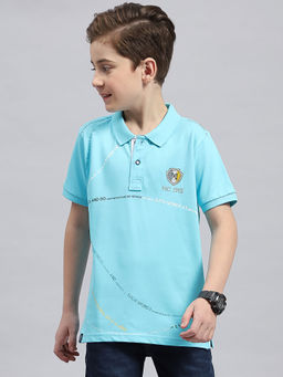 Monte Carlo - Boys Aqua Printed Polo Neck Half Sleeve Regular Fit T-Shirt