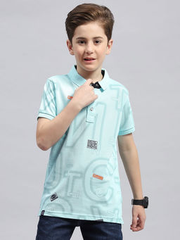 Monte Carlo - Boys Aqua Printed Polo Neck Half Sleeve Regular Fit T-Shirt