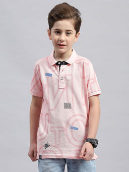Monte Carlo - Boys Pink Printed Polo Neck Half Sleeve Regular Fit T-Shirt