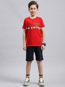 Monte Carlo - Boys Navy Blue & Red Printed T-Shirt & Shorts (Set of 2)