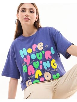 Bewakoof - Women's Skipper Blue Good Day Typography Oversized T-shirt