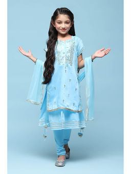 Biba - Doby Blue Embellished Kurta (Set of 4)