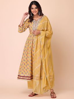 Indya - Yellow Floral Print Cotton Anarkali Kurta With Pants And Dupatta (Set of 3)