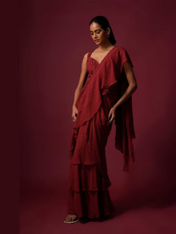 MEHAK MURPANA - Corset Stitched Red Saree with Blouse