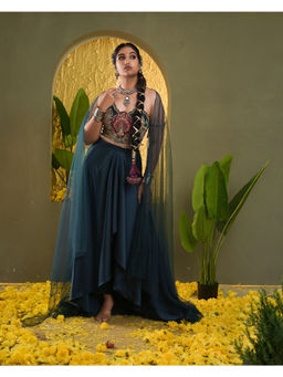 DIVYA SAMAL - Teal Naaz Drape Palazzo and Corset with Cape