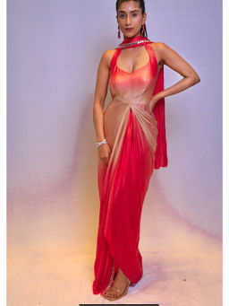 DIVYA SAMAL - Red Ruhira Ombre Mirror Work Drape Dress with Dupatta