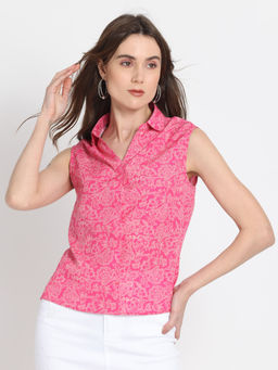 SHAYE - Pink Floral Printed Sleeveless Collar Neck Top