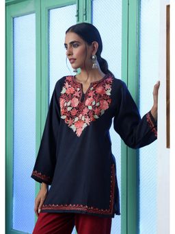 House of Chikankari - Crafts Aari Embroidered Cotton Womens Short Kurti - Navy Blue