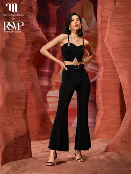 RSVP by Nykaa Fashion - Nikita Mhaisalkar Black High Waist Solid Fit and Flare Belted Pants (Set of 2)