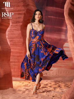 RSVP by Nykaa Fashion - Nikita Mhaisalkar Blue and Rust Floral Print Sweetheart Neck Strappy Midi Dress