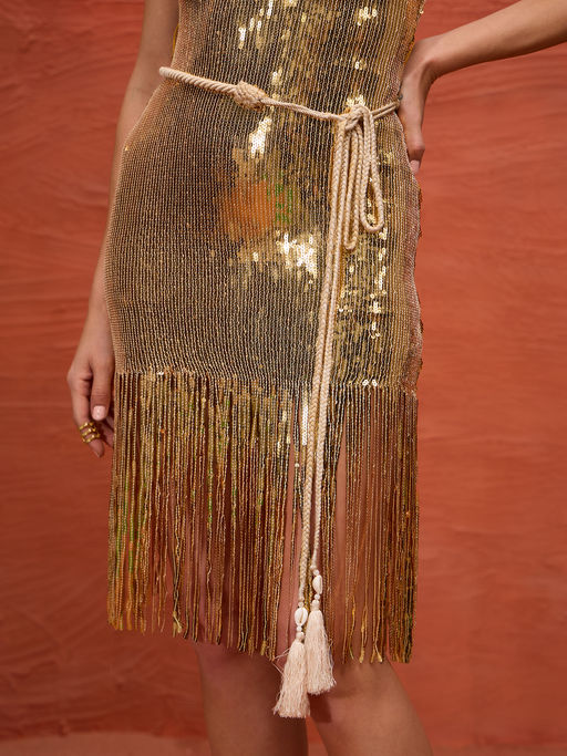 Buy Nikita Mhaisalkar Gold Sequin Fringe Hem Short Tube Dress (Set of 2)  Online