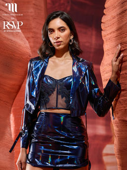 RSVP by Nykaa Fashion - Nikita Mhaisalkar Dark Blue Solid Notch Lapel Collar Crop Jacket